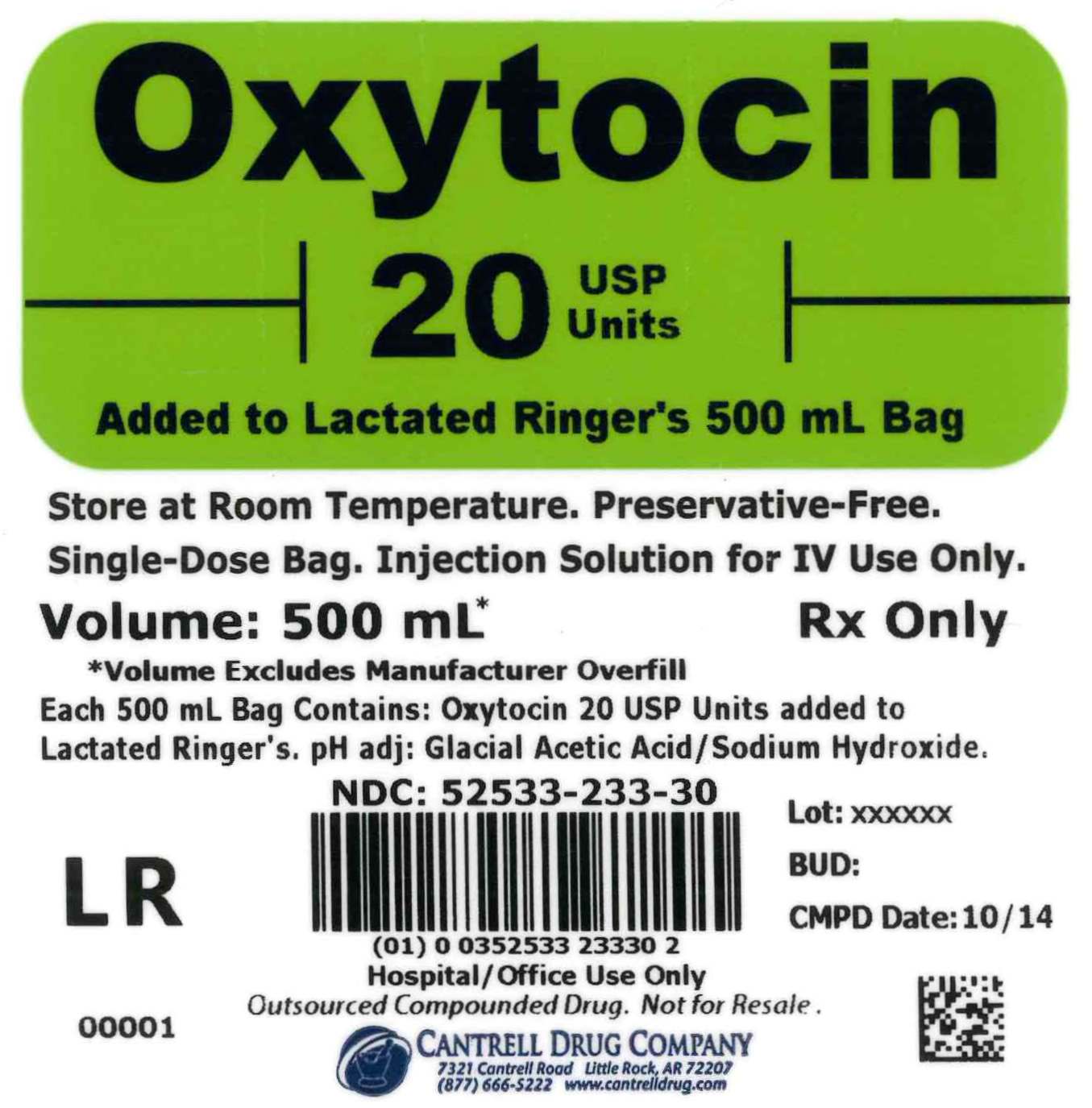 Oxytocin 20 USP Units Added to Lactated Ringer's 500 mL Bag