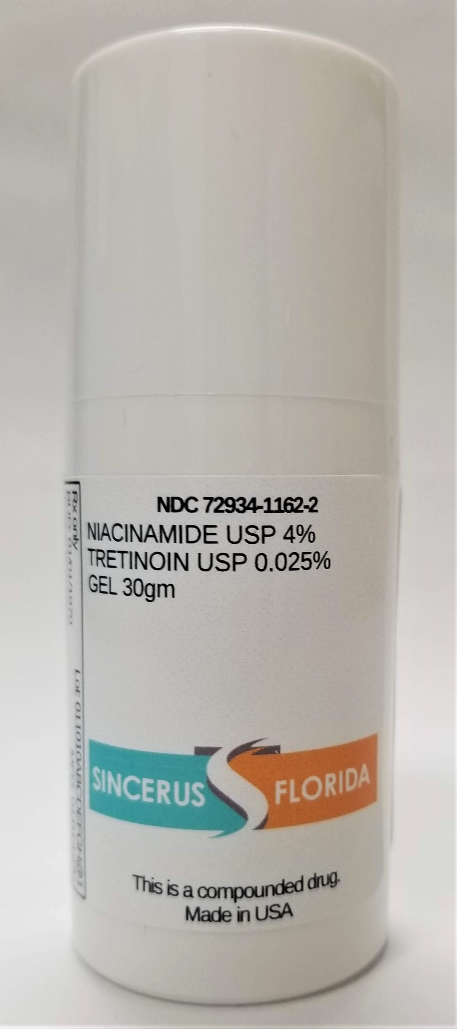 NDC 72934-1162-2 NIACINAMIDE 4 / TRETINOIN 0.025 Cream 30gm Sincerus Florida This is a compound drug Made in USA