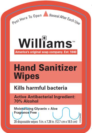 PRINCIPAL DISPLAY PANEL
Williams
Hand Sanitizer Wipes
Kills harmful bacteria
Active Antibacterial Ingredient: 70% Alcohol
Moisturizing Glycerin + Aloe
Fragrance Free
20 disposable wipes 5 in. x 7.28 in. (12.7 cm x 18.5 cm)
