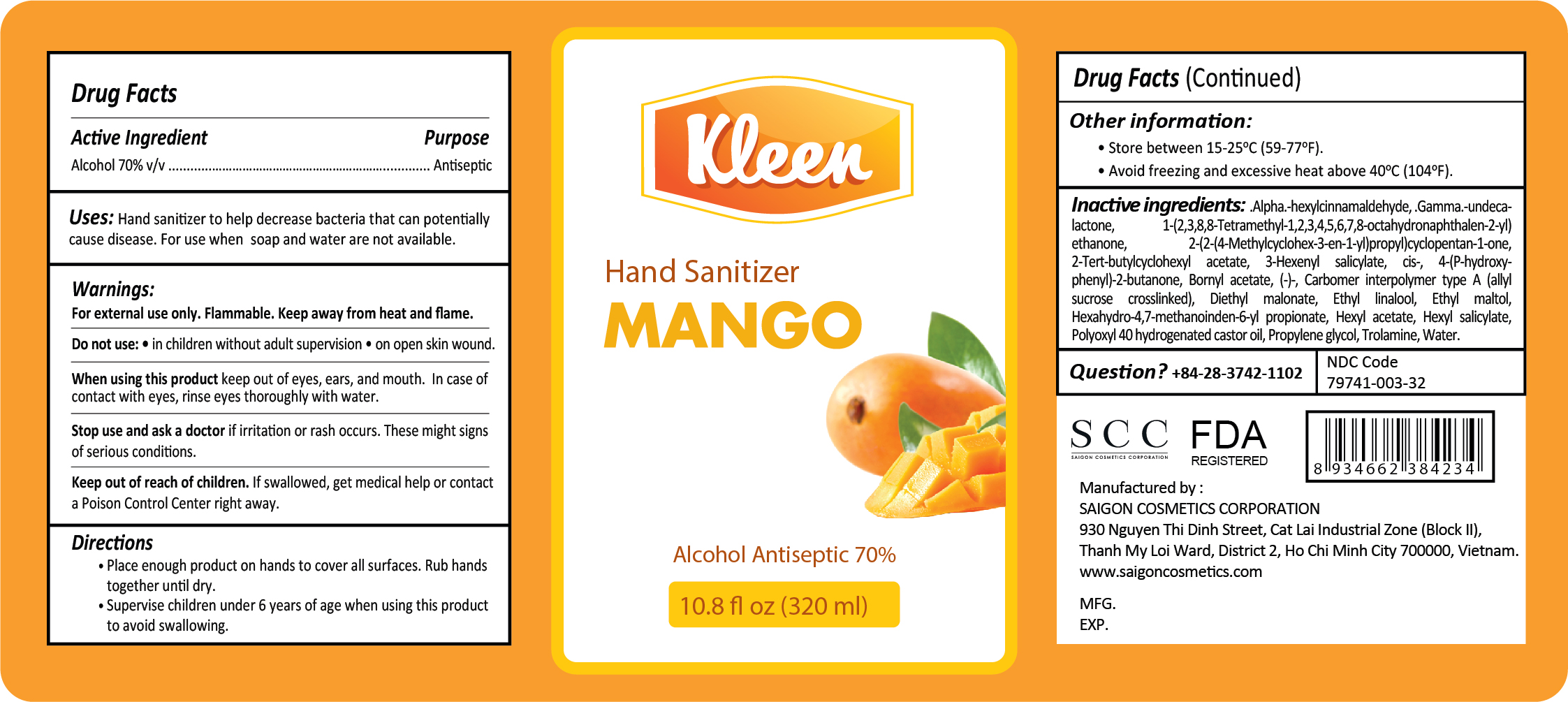 Kleen Hand Sanitizer Mango 320ml Label
