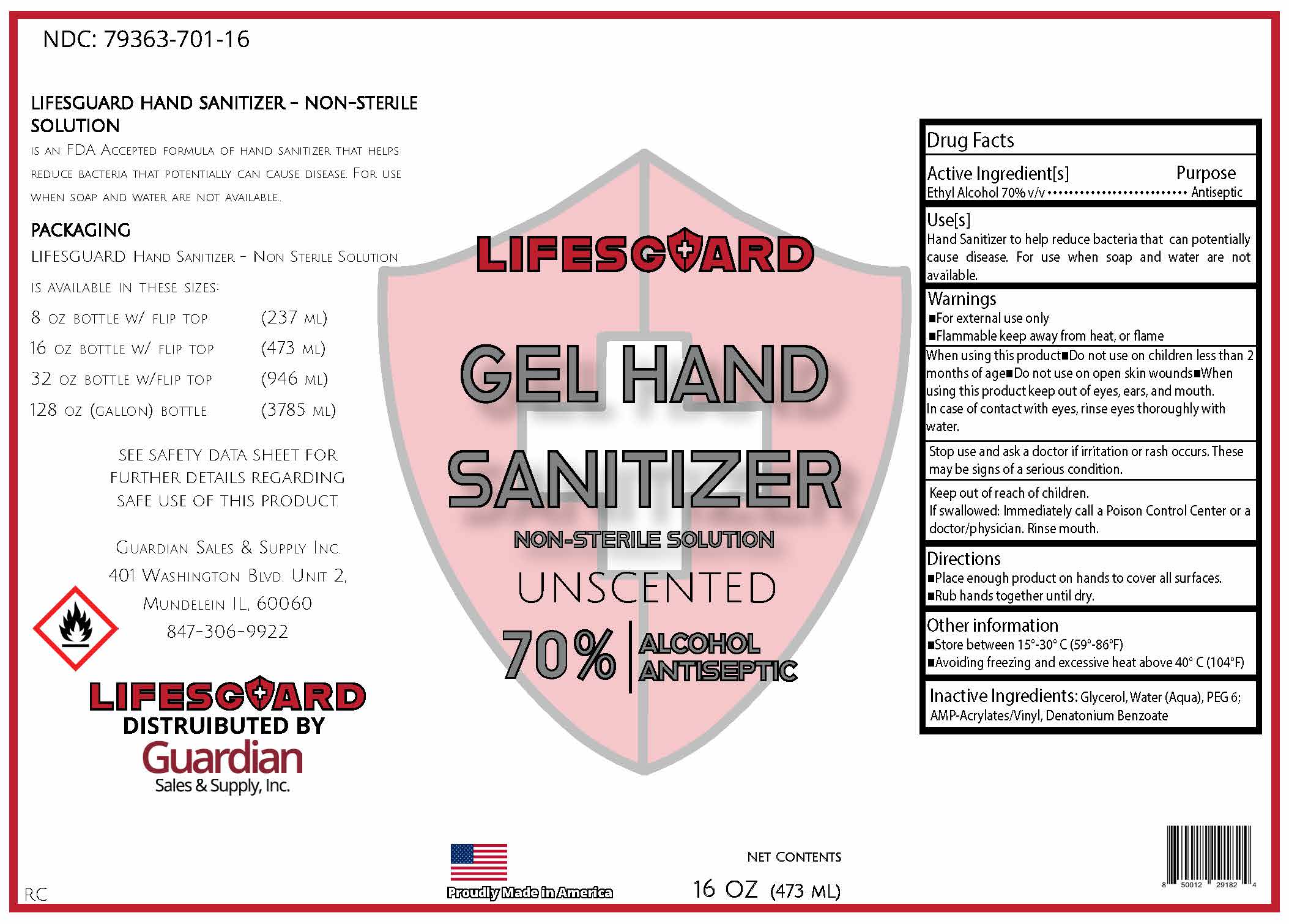 LifesGuard 70% UnScented Gel 16 oz