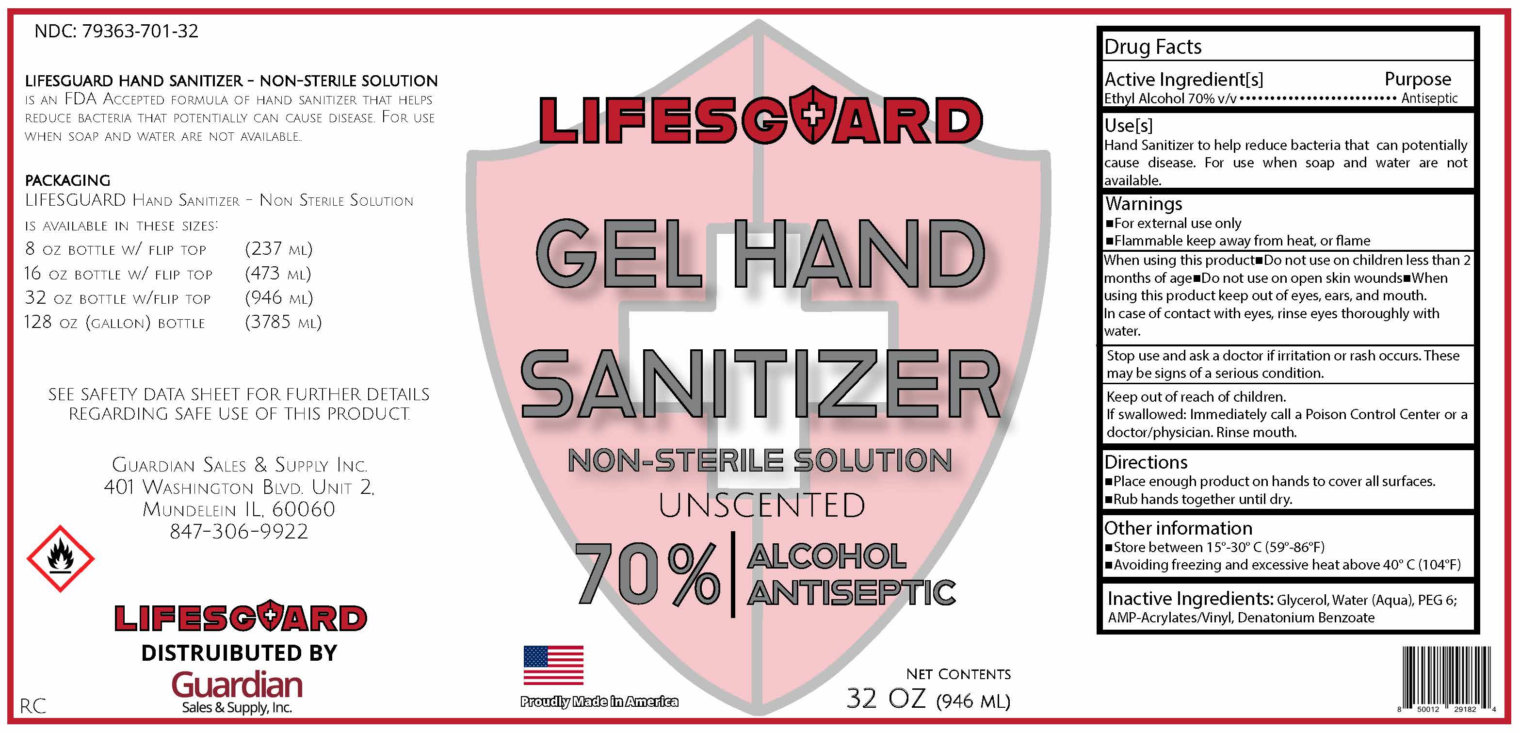 LifesGuard 70% UnScented Gel 32 oz