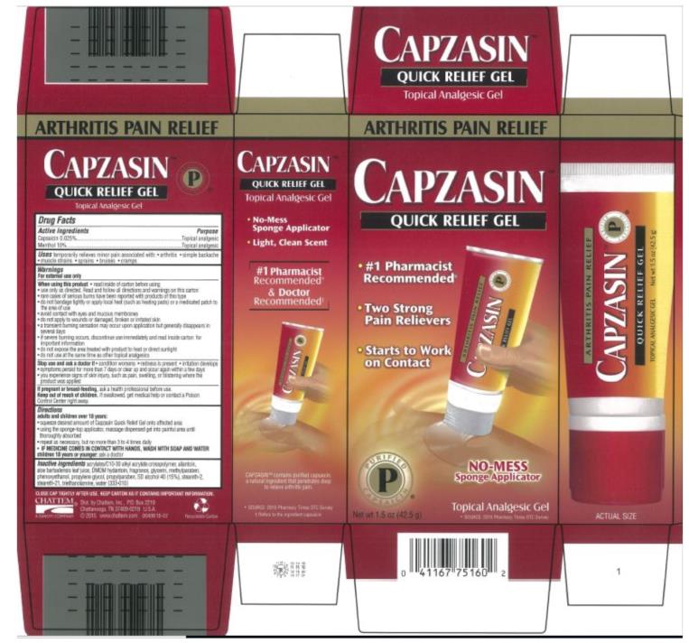Principal Display Panel
ARTHRITIS PAIN RELIEF
CAPZASIN TM
QUICK RELIEF GEL
•	#1 Pharmacist
Recommended*
•	Two Strong
Pain Relievers
•	Starts to Work
on Contact
NO-MESS
Sponge Applicator
PURIFIED 
P
CAPSAICIN®
Topical Analgesic Gel
*SOURCE: 2009 Pharmacy Today Survey
Net wt 1.5 oz (42.5 g)
