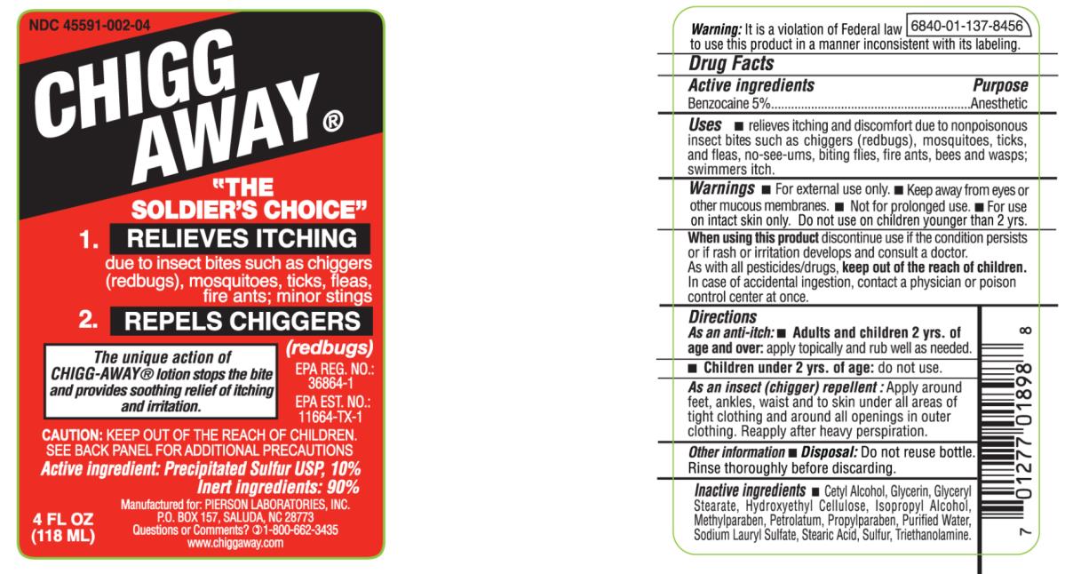 PRINCIPAL DISPLAY PANEL
NDC 45591-002-04
CHIGG
AWAY
RELIEVES ITCHING
REPELS CHIGGERS
4 FL OZ
(118 ML)
