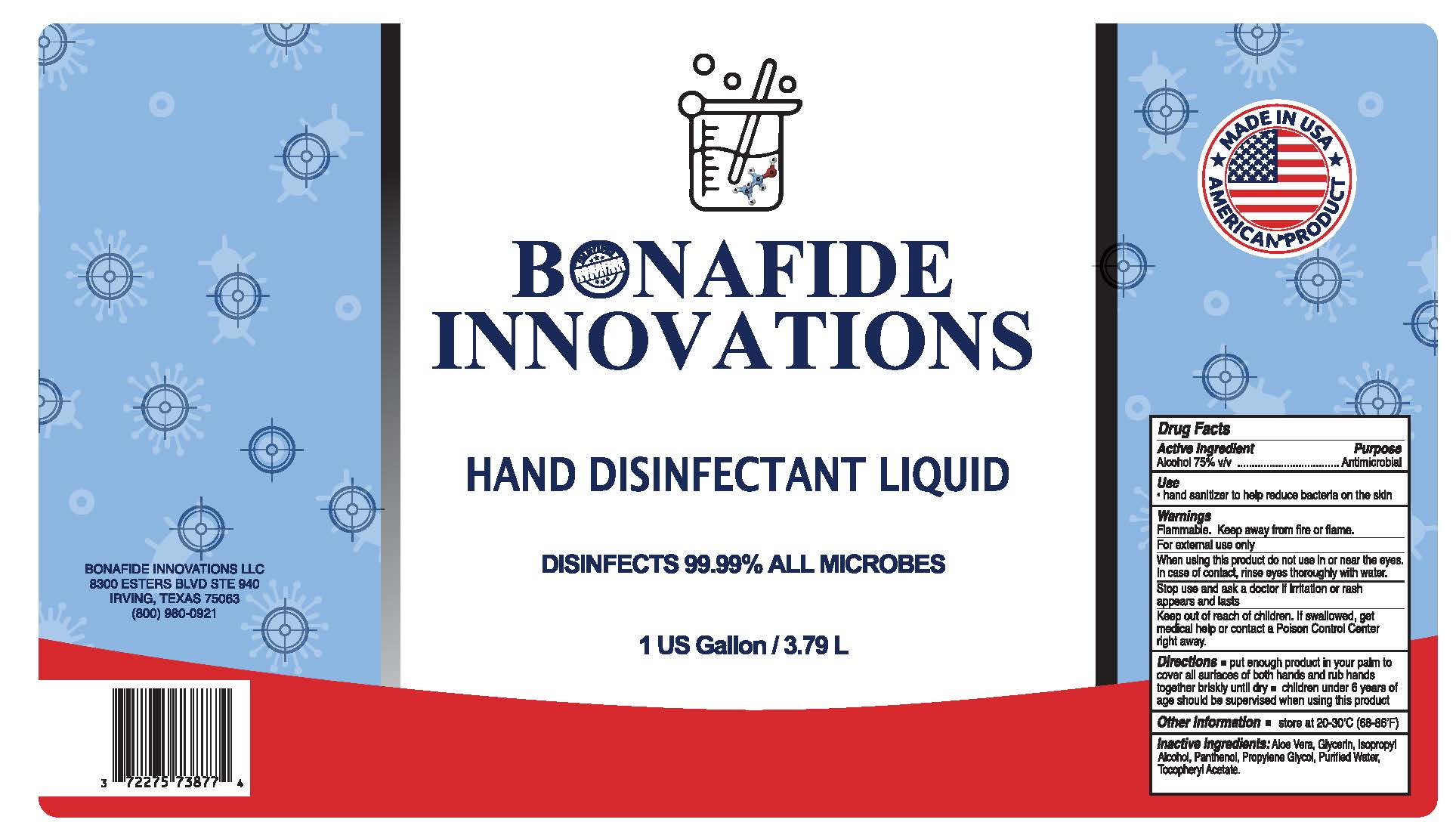 Bonafide Innovations Liquid Hand Sanitizer Gallon Jug