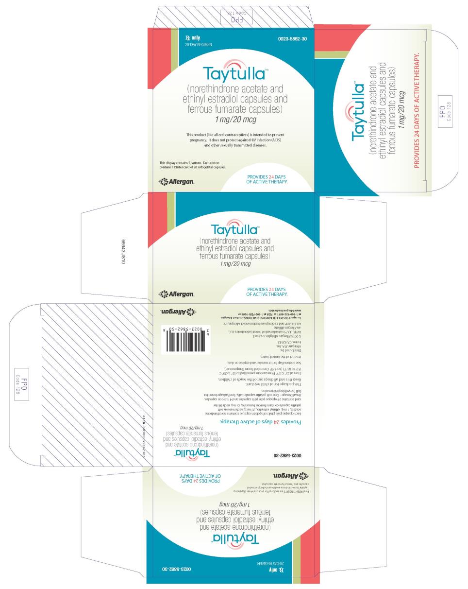 PRINCIPAL DISPLAY PANEL
NDC 0023-5862-30
Rx only
28-DAY REGIMEN

Taytulla™
(norethindrone acetate and
ethinyl estradiol capsules and
ferrous fumarate capsules)
1 mg/ 20 mcg

This product (like all oral contraceptives) is intended to prevent 
pregnancy. It does not protect against HIV infection (AIDS)
and other sexually transmitted diseases.

This display contains 5 cartons. Each carton
contains 1 blister card of 28 soft gelatin capsules.

PROVIDES 24 DAYS 
OF ACTIVE THERAPY.
