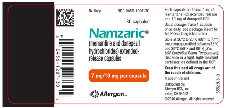 --NDC 0456-1207-30 
Rx Only
30 capsules 
Namzaric®
(memantine and donepezil
hydrochlorides) extended-
release capsules 
7 mg/10 mg per capsule
Allergan™
