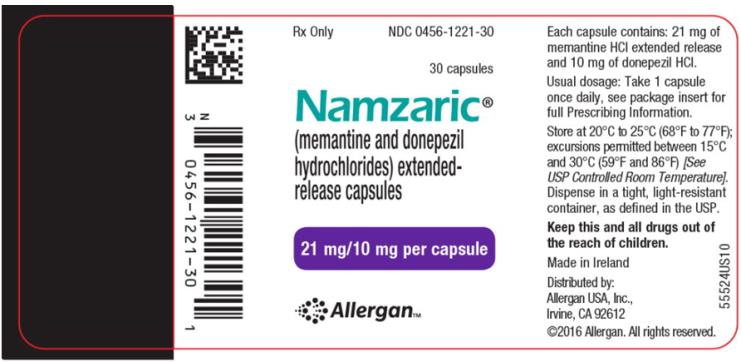 NDC 0456-1221-30 
Rx only
30 capsules 
Namzaric®
(memantine and donepezil
hydrochlorides) extended-
release capsules 
21 mg/10 mg per capsule
Allergan™
