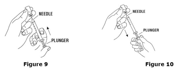 Keep the needle in the vial.  Check for air bubbles in the syringe.  A small amount of air is harmless.  Too large an air bubble will give you the wrong Epogen dose.  To remove air bubbles, gently tap the syringe with your fingers until the air bubbles rise to the top of the syringe.  Slowly push the plunger up to force the air bubbles out of the syringe.  Keep the tip of the needle in the Epogen liquid.  Pull the plunger back to the number on the syringe that matches your dose.  Check again for air bubbles.  If there are still air bubbles, repeat the steps above to remove them. See Figures 9 and 10.