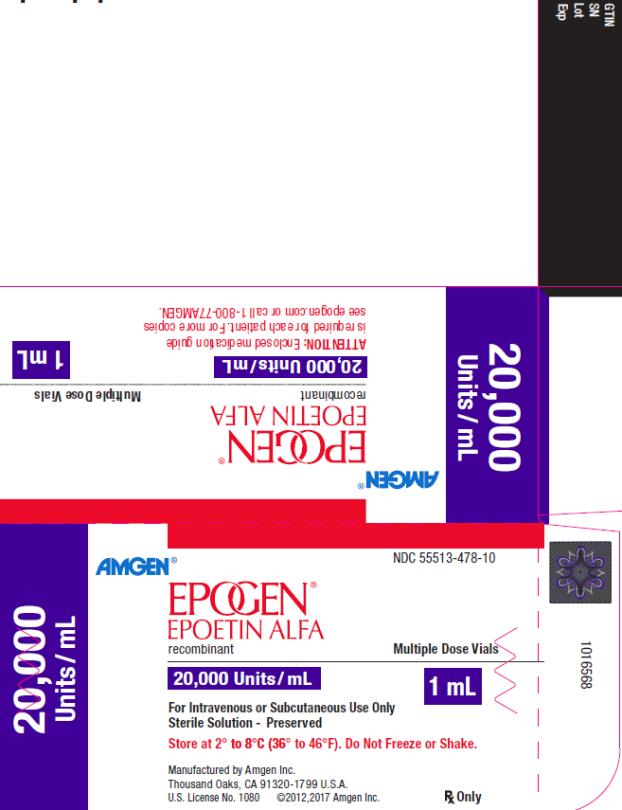 PRINCIPAL DISPLAY PANEL NDC 55513-478-10 AMGEN® EPOGEN® EPOETIN ALFA recombinant Multiple Dose Vials 20,000 Units/mL 20,000 Units/mL 1 mL For Intravenous or Subcutaneous Use Only Sterile Solution – Preserved Store at 2˚ to 8˚C (36˚ to 46˚F).  Do Not Freeze or Shake. Manufactured by Amgen Inc. Thousand Oaks, CA 91320-1799 U.S.A. U.S. License No. 1080 ©2012,2017 Amgen Inc. Rx Only