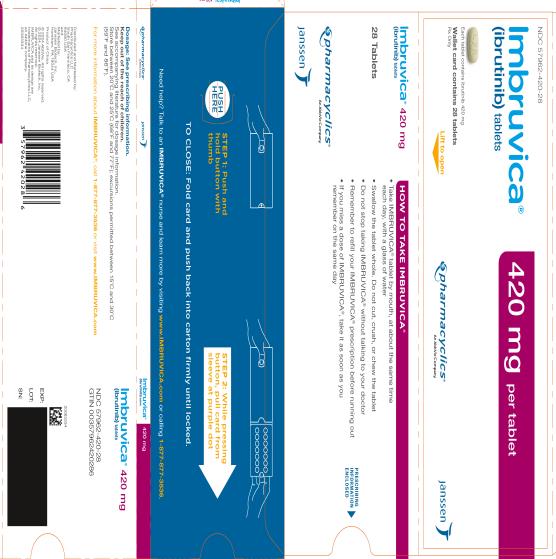 NDC 57962-420-28
Imbruvica®
(ibrutinib) tablets
420 mg per tablet
Each tablet contains ibrutinib 420 mg
Wallet card contains 28 tablets
Rx Only
pharmacyclics®
An AbbVie Company
janssen
