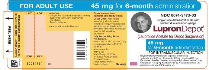 NDC 0074-3473-03 
FOR ADULT USE 
45 mg for 6-month administration 
Single Dose Administration Kit with prefilled dual-chamber syringe. 
LupronDepot®
(Leuprolide Acetate for Depot Suspension) 
45 mg for 6-month administration 
FOR INTRAMUSCULAR INJECTION 
The front chamber contains: leuprolide acetate 45 mg 
• polylactic acid 169.9 mg • D-mannitol 39.7 mg • stearic acid 10.1 mg 
The second chamber contains: carboxymethylcellulose sodium 7.5 mg 
• D-mannitol 75.0 mg • polysorbate 80 1.5 mg • water for injection, USP, 
and glacial acetic acid, USP to control pH 
Rx only 
