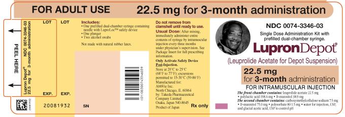 NDC 0074-3346-03 
FOR ADULT USE 
22.5 mg for 3-month 
Single Dose Administration Kit with prefilled dual-chamber syringe. 
LupronDepot®
(Leuprolide Acetate for Depot Suspension) 
22.5 mg for 3-month administration 
FOR INTRAMUSCULAR INJECTION 
The front chamber contains: leuprolide acetate 22.5 mg 
• polylactic acid 198.6 mg • D-mannitol 38.9 mg 
The second chamber contains: carboxymethylcellulose sodium 7.5 mg 
• D-mannitol 75.0 mg • polysorbate 80 1.5 mg • water for injection, USP, 
and glacial acetic acid, USP to control pH 
Rx only 
