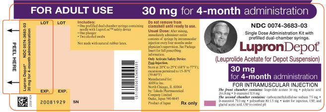 NDC 0074-3683-03 
FOR ADULT USE 
30 mg for 4-month administration 
Single Dose Administration Kit with prefilled dual-chamber syringe. 
LupronDepot®
(Leuprolide Acetate for Depot Suspension) 
30 mg for 4-month administration 
FOR INTRAMUSCULAR INJECTION 
The front chamber contains: leuprolide acetate 30 mg 
• polylactic acid 264.8 mg • D-mannitol 51.9 mg 
The second chamber contains: carboxymethylcellulose sodium 7.5 mg 
• D-mannitol 75.0 mg • polysorbate 80 1.5 mg • water for injection, USP, 
and glacial acetic acid, USP to control pH 
Rx only 
