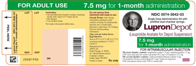 NDC 0074–3642–03 
FOR ADULT USE 7.5 mg for 1–month administration 
Single Dose Administration Kit with prefilled dual-chamber syringe. 
LupronDepot®
(Leuprolide Acetate for Depot Suspension) 
7.5 mg for 1–month administration 
FOR INTRAMUSCULAR INJECTION 
The front chamber contains: leuprolide acetate 7.5 mg • purified gelatin 1.3 mg • DL-lactic and glycolic acids copolymer 66.2 mg • D-mannitol 13.2 mg 
The second chamber contains: carboxymethylcellulose sodium 5 mg • D-mannitol 50 mg • polysorbate 80 1 mg • water for injection, USP, and glacial acetic acid, USP to control pH 
Rx only 
