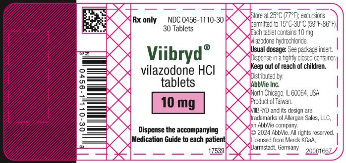 NDC 0456-1110-30
RX only
30 Tablets 
Viibryd®
vilazodone HCl
tablets
10 mg
Dispense the accompanying
Medication Guide to each patient
v