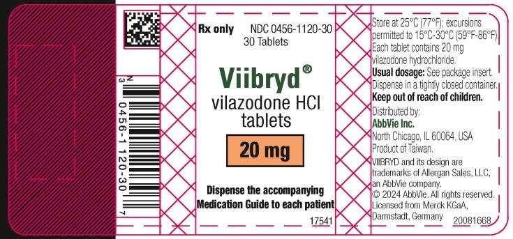 NDC 0456-1120-30
Rx only
30 Tablets 
Viibryd®
vilazodone HCl
tablets
20 mg
Dispense the accompanying
Medication Guide to each patient
