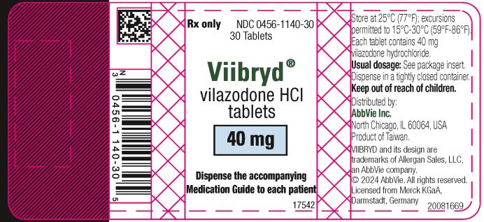 NDC 0456-1140-30
RX only
30 Tablets 
Viibryd®
vilazodone HCl
tablets
40 mg
Dispense the accompanying
Medication Guide to each patient

