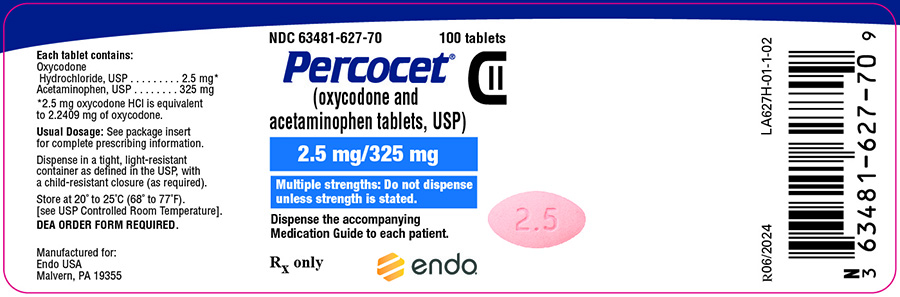 This is an image of the Percocet (oxycodone and acetaminophen tablets, USP) 2.5 mg/325 mg 100ct label.
