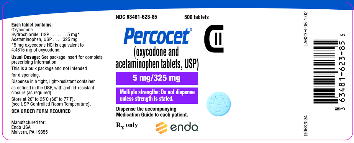 This is an image of the Percocet (oxycodone and acetaminophen tablets, USP) 5 mg/325 mg 500ct label.