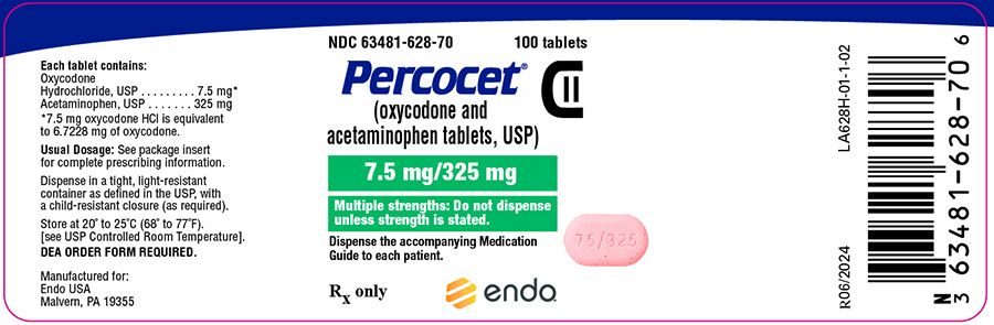 This is an image of the Percocet (oxycodone and acetaminophen tablets, USP) 7.5 mg/325 mg 100ct label.