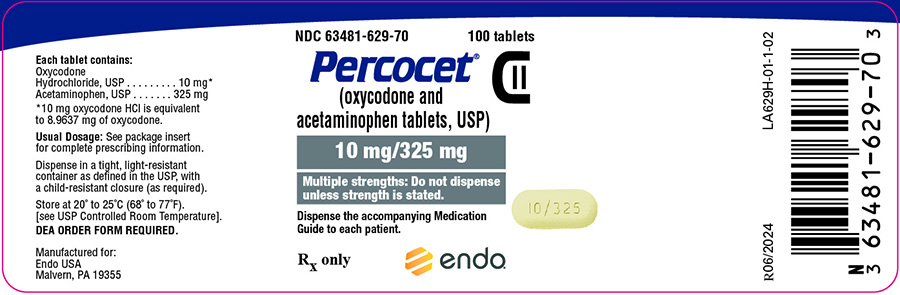 This is an image of the Percocet (oxycodone and acetaminophen tablets, USP) 10 mg/325 mg 100ct label.