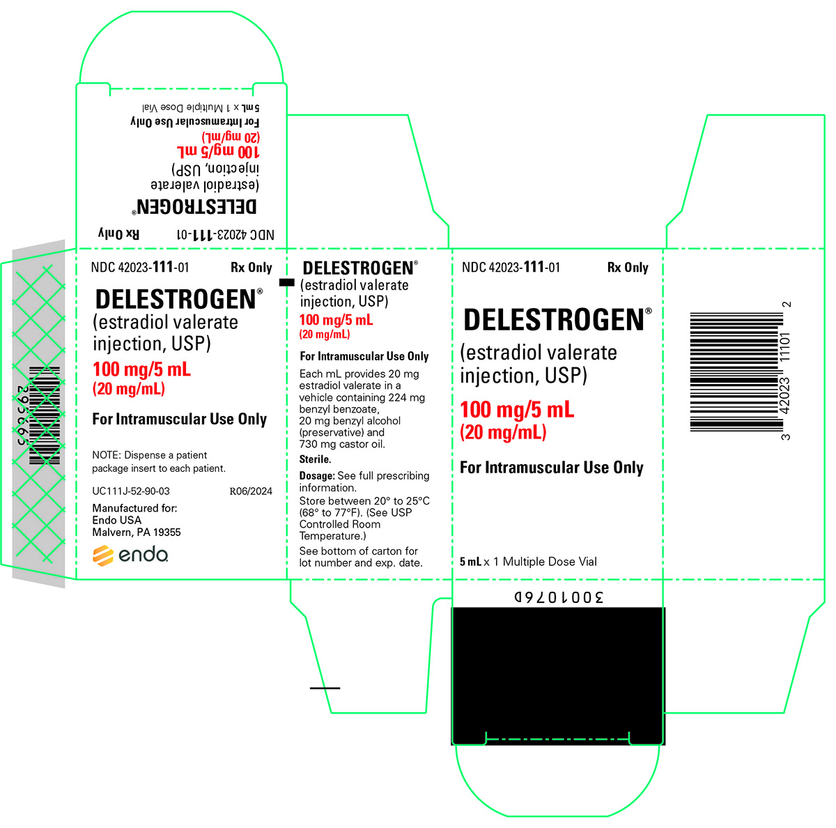 This is an image of Delestrogen® (estradiol valerate injection, USP) 100 mg/5 mL (20 mg/mL).