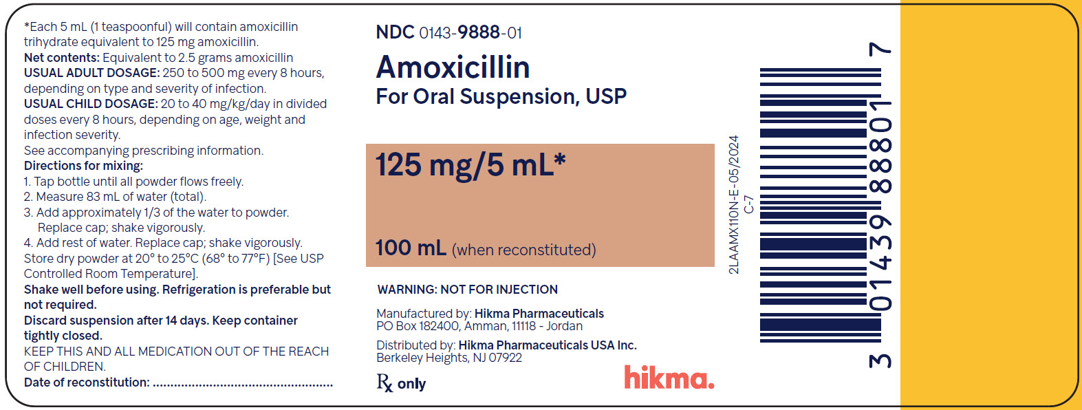 Amoxicillin for Oral Suspension USP, 125 mg/5 mL (100 mL when reconstituted) bottle label image