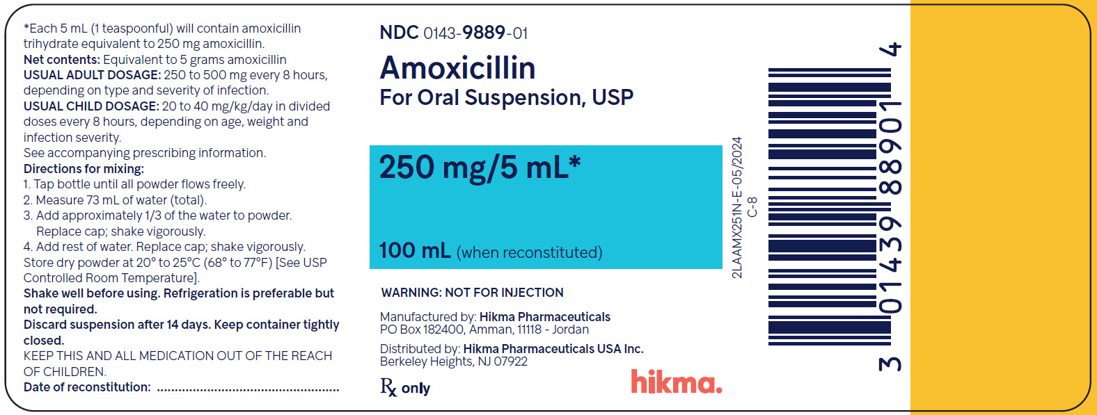 Amoxicillin for Oral Suspension USP, 250 mg/5 mL (100 mL when reconstituted) bottle label image