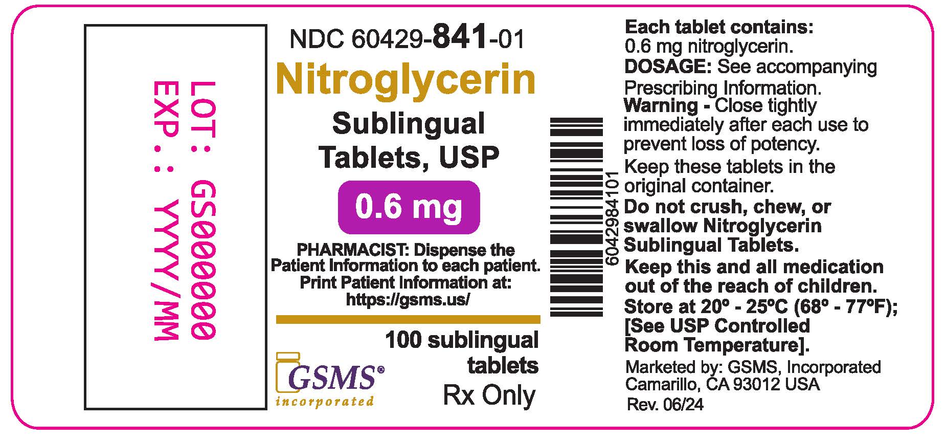 60429-841-01OL - GS000000 - NITROGLYCRIN 0.6MG SUBLINGUAL TABS - Rev. 0624 - Master.jpg