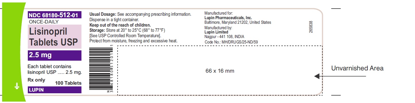 LISINOPRIL TABLETS USP
Rx Only
2.5 mg
NDC 68180-512-01
100 Tablets