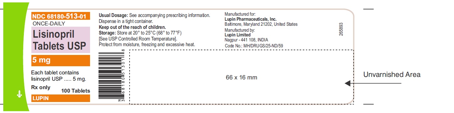LISINOPRIL TABLETS USP
Rx Only
5 mg
NDC 68180-513-01
100 Tablets