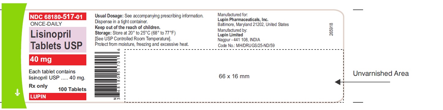 LISINOPRIL TABLETS USP
Rx Only
40 mg
NDC 68180-517-01
100 Tablets