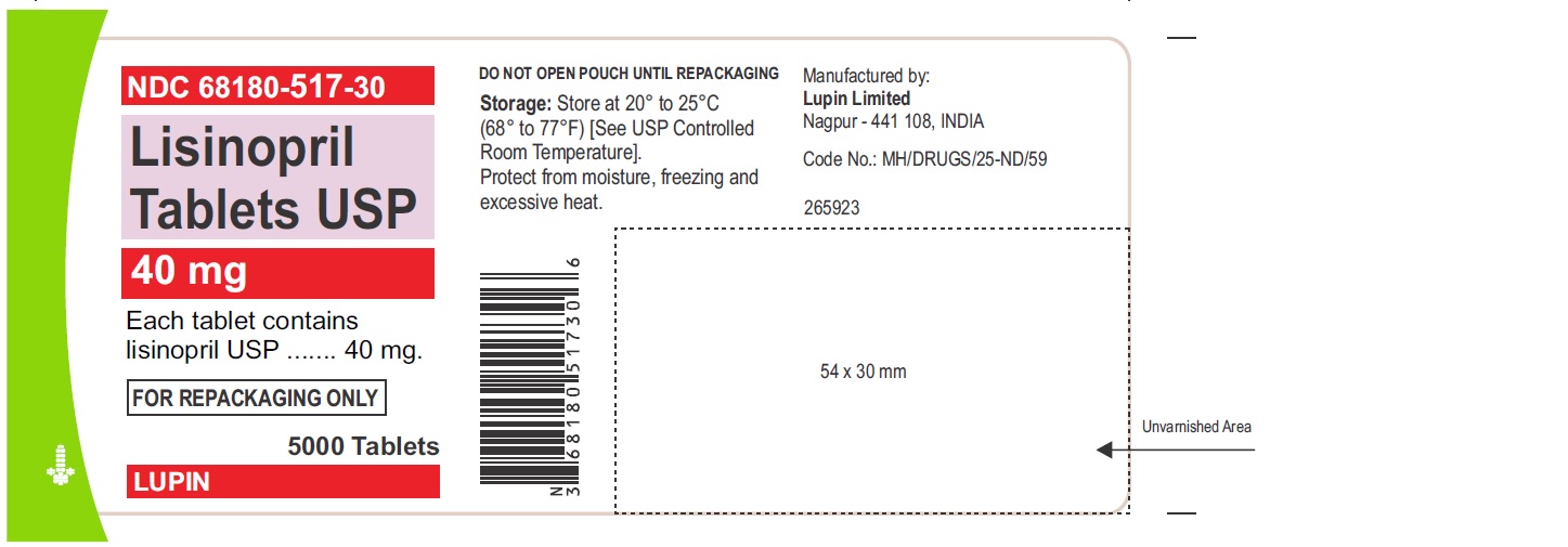 LISINOPRIL TABLETS USP
40 mg
NDC 68180-517-30
5000 Tablets Bulk Pouch for Repackaging