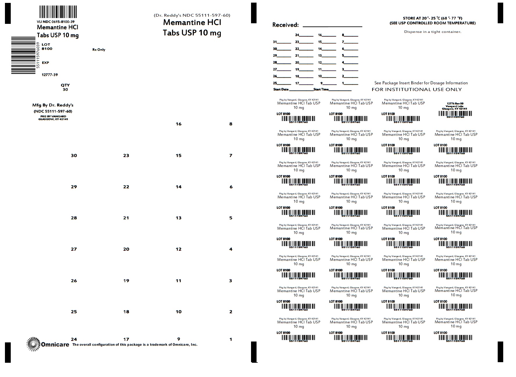 Memantine HCl Tabs 10mg bingo card label.