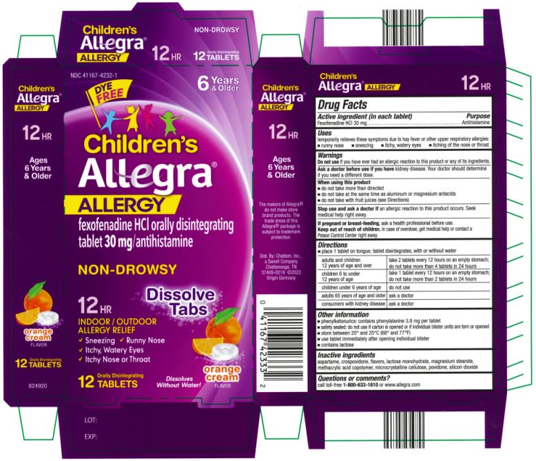 PRINCIPAL DISPLAY PANEL
NDC 41167-4232-1
NON-DROWSY
Children’s
Allegra® 
Allergy
fexofenadine HCl orally disintegrating
tablet 30 mg/antihistamine
Indoor and Outdoor Allergies
Orange Cream flavor
12 Orally Disintegrating Tablets 
