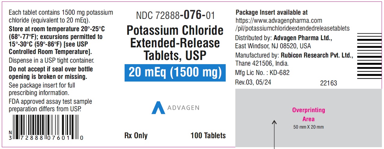 Potassium chloride extended-release tablets,USP 1500mg - NDC 72888-076-01 - 100s bottle label