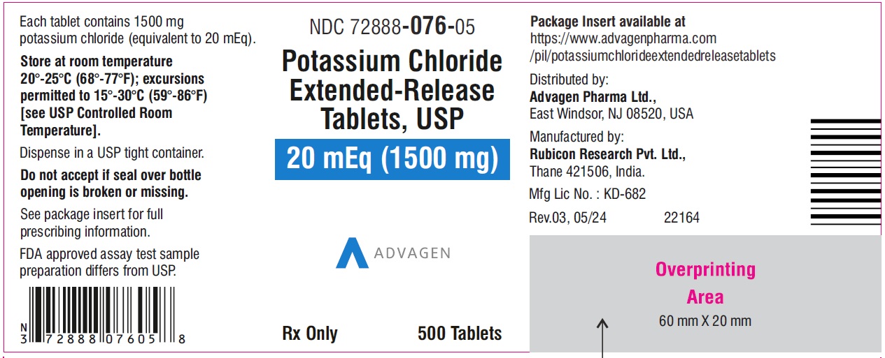 Potassium chloride extended-release tablets,USP 1500mg - NDC 72888-076-05 - 500s bottle label