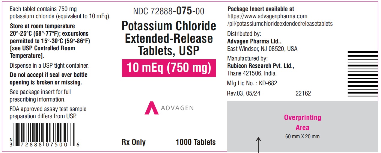 Potassium chloride extended-release tablets,USP 750mg - NDC 72888-075-00 - 1000s bottle label