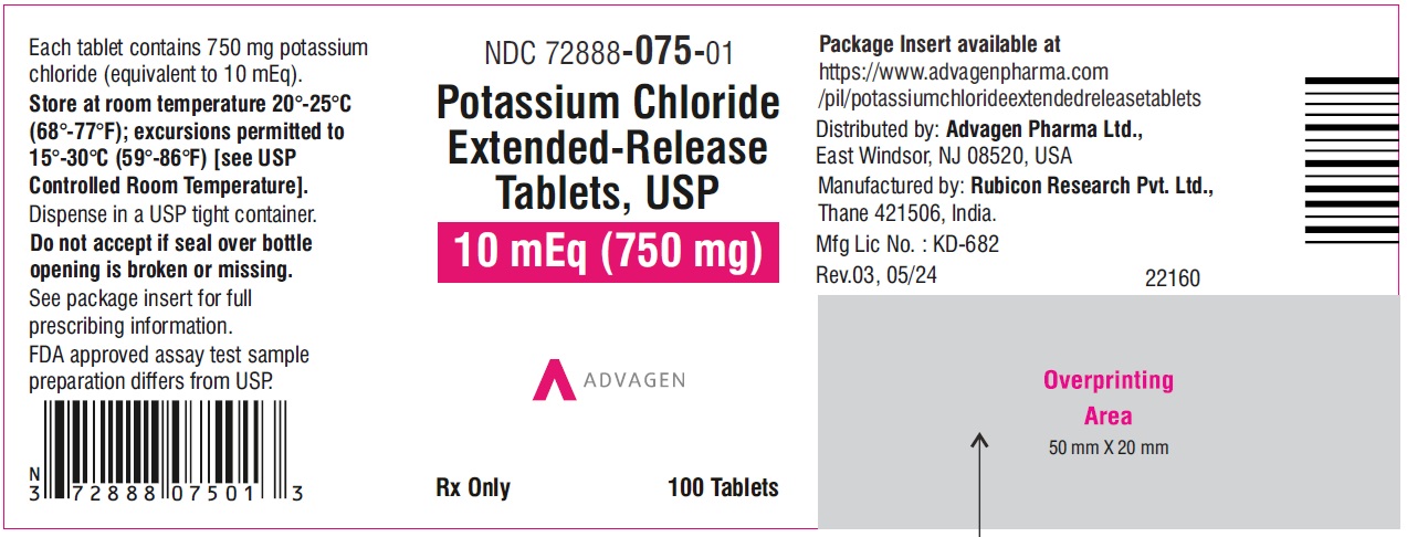 Potassium chloride extended-release tablets,USP 750mg - NDC 72888-075-01 - 100s bottle label