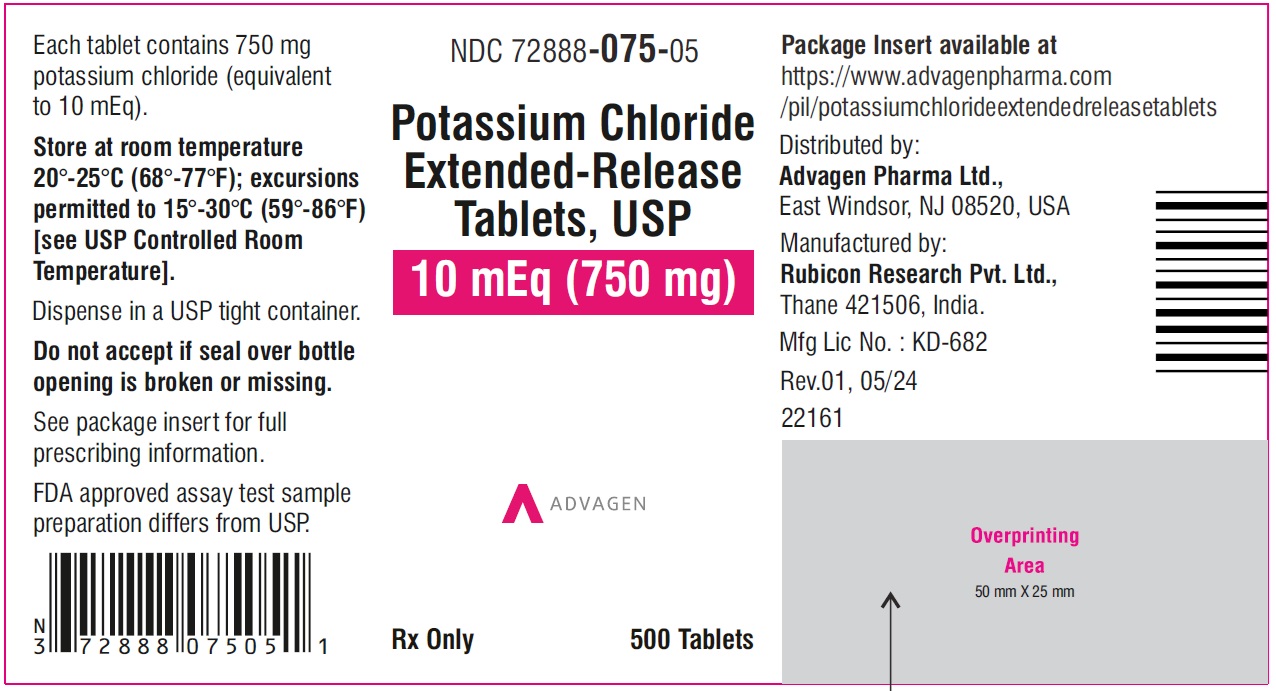 Potassium chloride extended-release tablets,USP 750mg - NDC 72888-075-05 - 500s bottle label