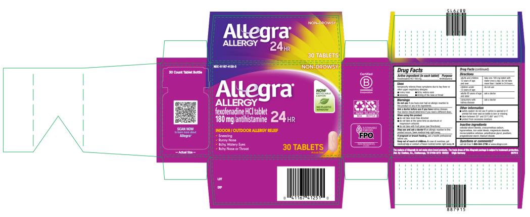 NDC 41167-4120-3
Allegra
ALLERGY
180 mg/antihistamine
24 HR
30 TABLETS
