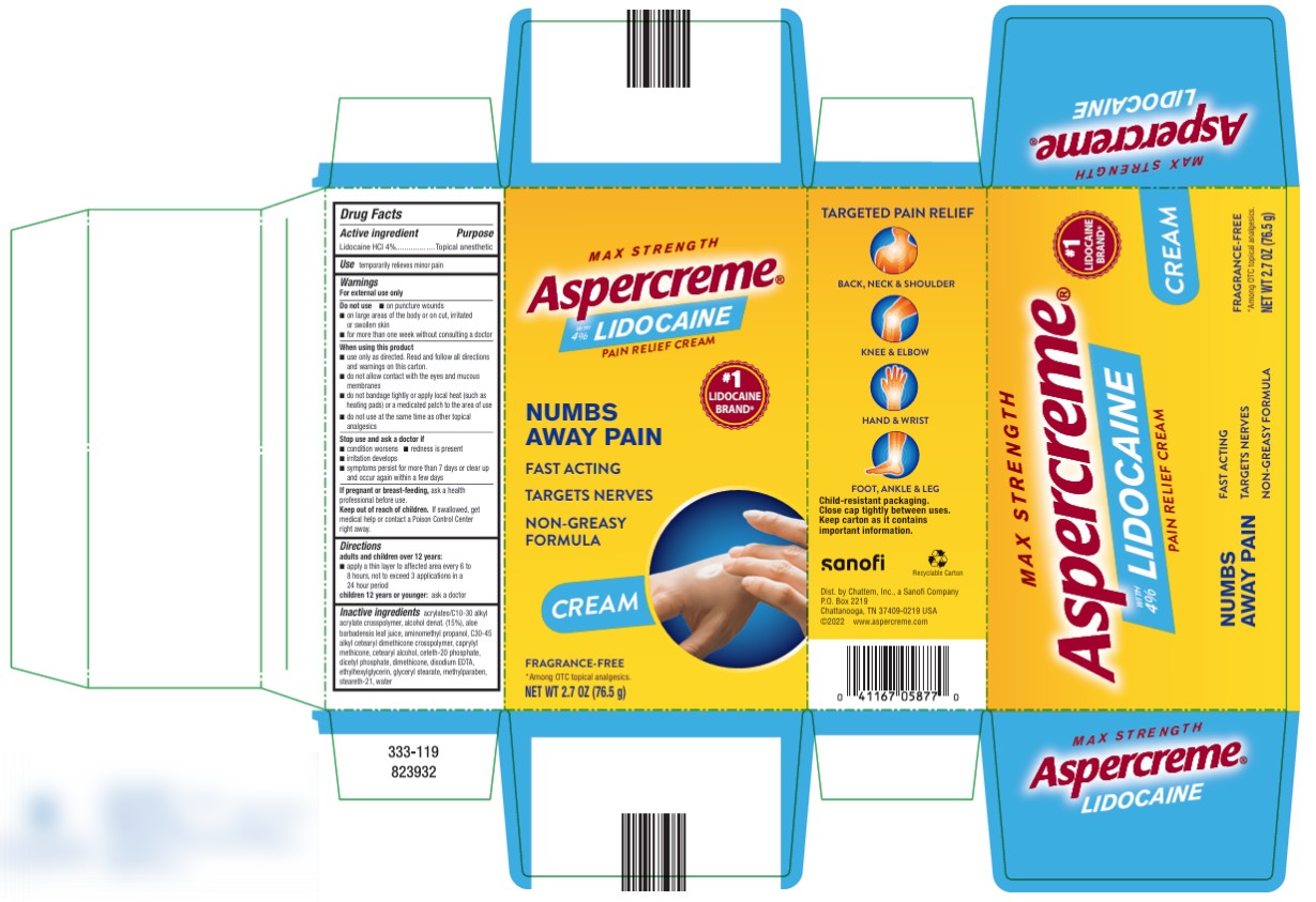 PRINCIPAL DISPLAY PANEL
ODOR FREE
Aspercreme
WITH 4% LIDOCAINE
MAXIMUM STRENGTH
Pain Relieving CREME
Net wt 2.7 oz (76.5 g)
