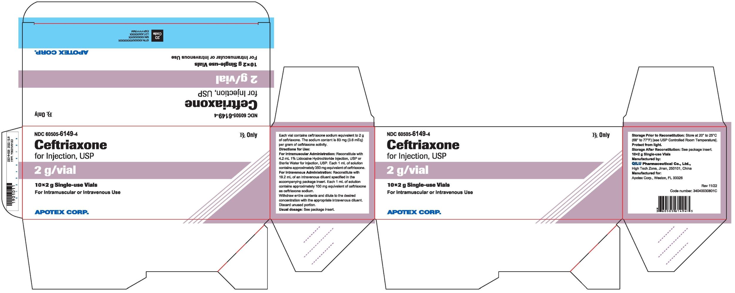Ceftriaxone for Injection 2 g Carton Label (10 Pack)-High Tech