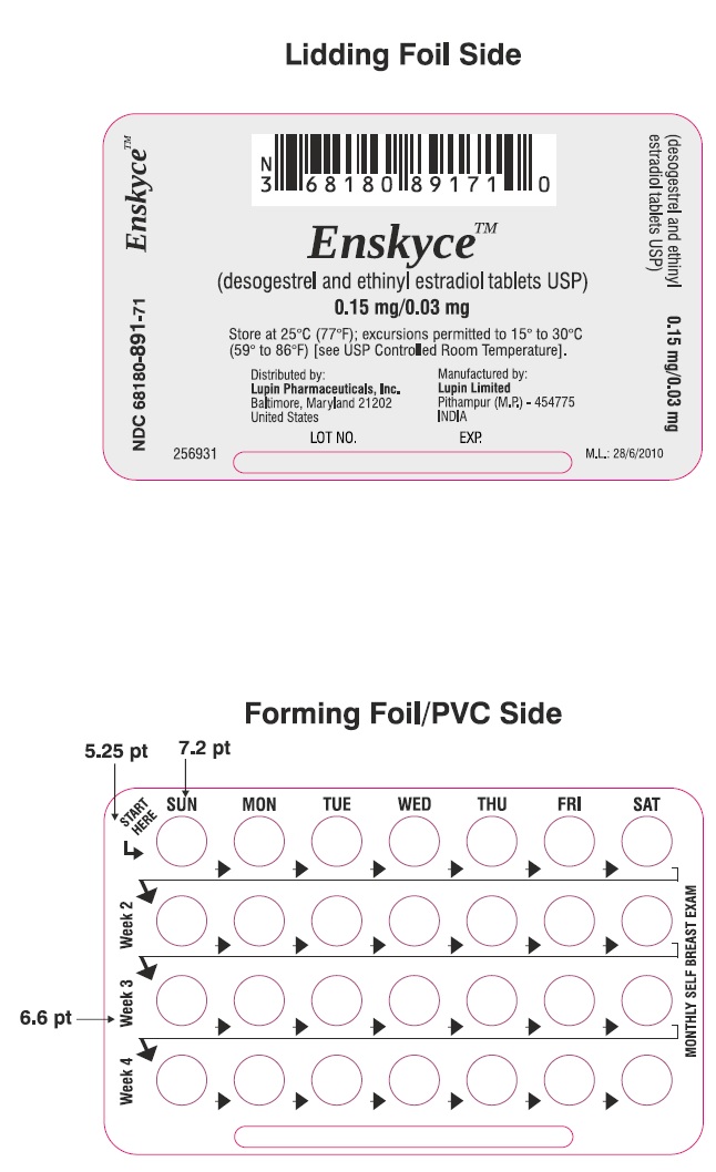 Enskyce
(desogestrel and ethinyl estradiol Tablets USP) 
0.15 mg/0.03 mg 
Rx Only
NDC 68180-882-11
Wallet Label: 28 Tablets