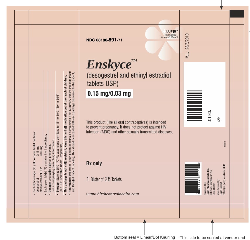 Enskyce
(desogestrel and ethinyl estradiol Tablets USP) 
0.15 mg/0.03 mg 
Rx Only
NDC 68180-882-11
Pouch Label: 1 Wallet of 28 Tablets