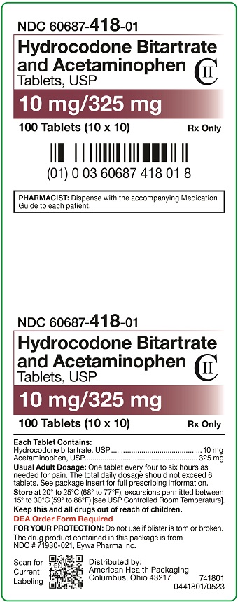 10 mg/325 mg Hydrocodone Bitartrate and Acetaminophen Tablets Carton