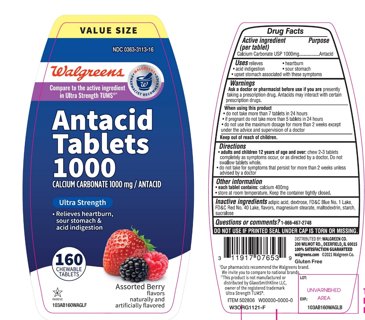 Walgreen Antacid Tablets 1000 Ultra Strength Assorted Berry Flavor