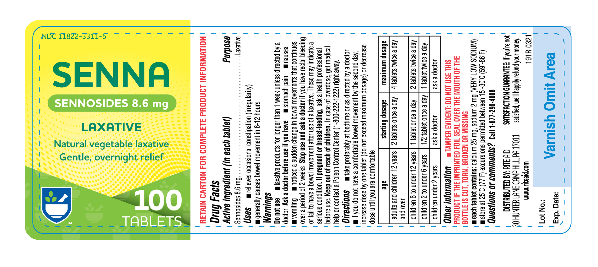 191R-Rite Aid-Laxative Senna Tablets-bottle label-100s