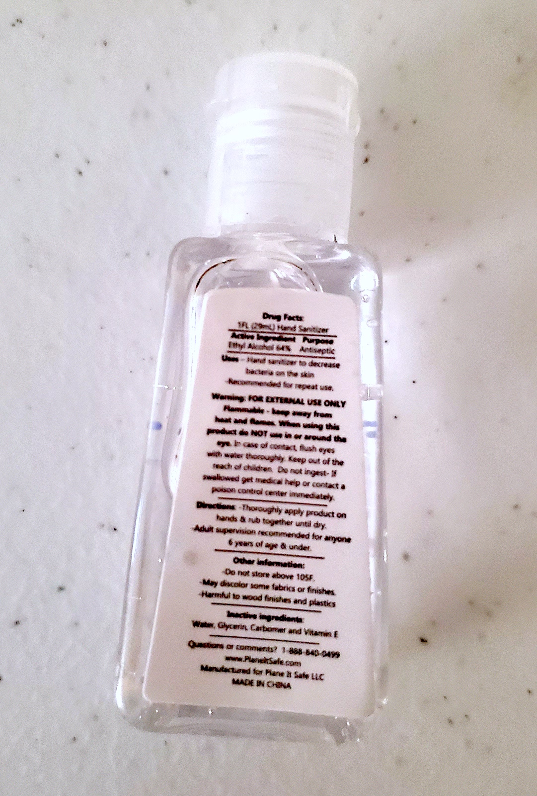 Plane It Safe 1oz Hand Sanitizer Back Label